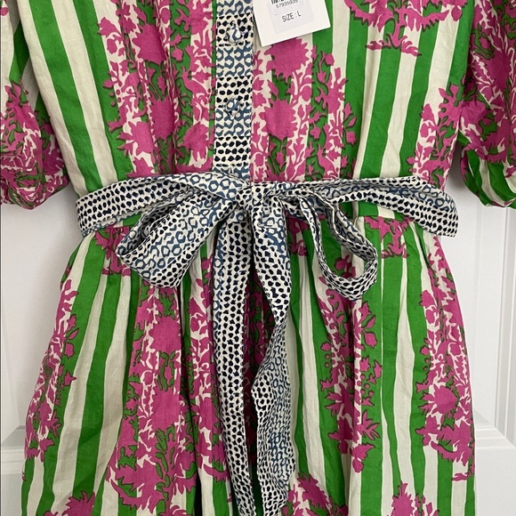 THML Women’s Tie Waist Puff Sleeves Dress with Green and Pink Floral Stripes L - Picture 10 of 10